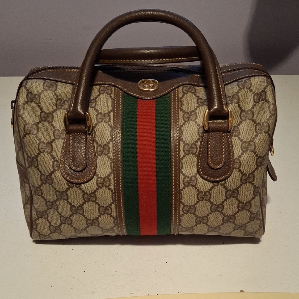 Gucci Vintage Boston Beige and Brown Monogram Bag with Red and Green Stripe